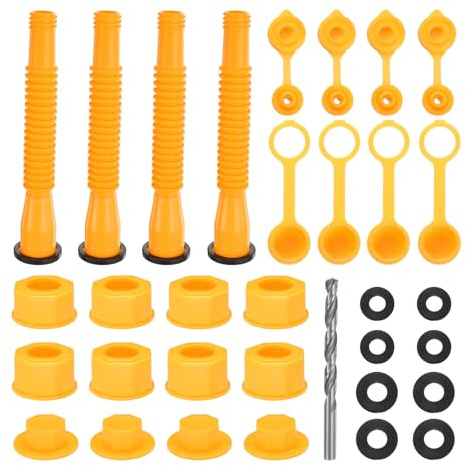 QUARKZMAN 4er Set Benzinkanister Auslaufersatz Flexible Benzinkanister Tülle Mit Fein/Grobgewinde Verschluss Auslauf Dichtungskappe Benzinkanister A/B Bohrersatz Für 1/2/5/10 Gallonen Gelb