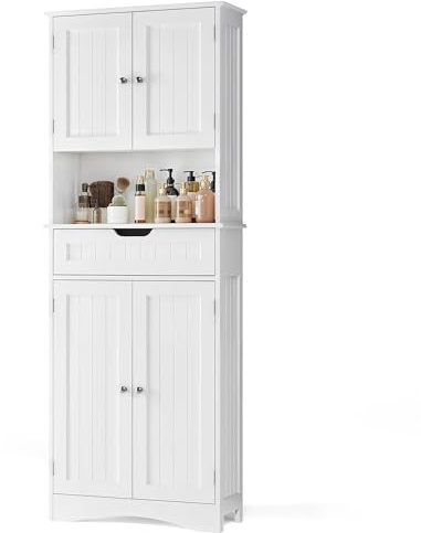 Blishom Badezimmerschrank, Badschrank Hochschrank mit 4 Türen, Aufbewahrungsschrank mit verstellbaren Ablagen, 1 Schubladen, für Badezimmer, Wohnzimmer, Esszimmer, 60 x 30 x 170 cm, Weiß