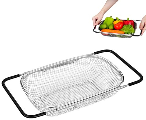 scolapasta estraibile in acciaio inox, 27,5 x 19 x 7 cm, filtro per lavello con filtro fine e manico in gomma, filtro da cucina universale per filtrare, scolare e lavare frutta, verdura, stoviglie