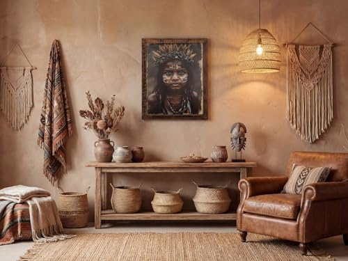 Woodkings Wandbild Spirit of Earth | rustikaler Bilderrahmen Altholz 70x90 cm | Canvasdruck im Ethno Boho-Stil | Wanddekorartion Wohnzimmer Schlafzimmer I Holzbild