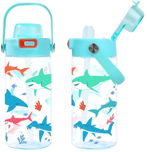 Queenshin Gourde Enfant 600ml avec Paille, Anti-Fuite, Étanche,sans BPA, Verrouillage Sécurisé, Bouteille d’eau Robuste pour Garçons, Idéal pour École Sport (Hai)