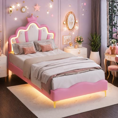 Lit Fille 90x190 en Forme de Couronne Princesse, LED Lit Enfant avec Tête de Lits Réglable, Cadre Lits 1 Place en Nuages pour Ado et Fille, Rose PU, sans Matelas