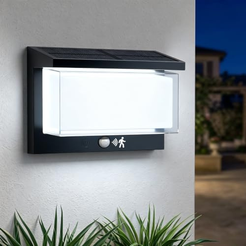 SKUTZTEK Lampe Solaire Extérieure avec Détecteur de Mouvement, IP65 Lumière Murale Extérieure 6500K, 3 modes lampe LED extérieure à détecteur de mouvement pour Jardin, Garage, Terrasse, Cour