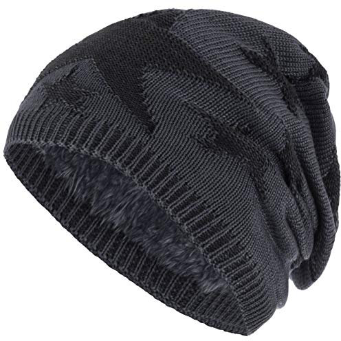 Compagno Sternen Wintermütze warm gefütterte Beanie Flechtmuster Einheitsgröße Mütze, Farbe:Grau