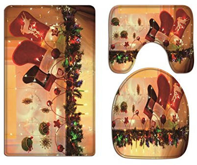 A.Monamour Badezimmer Badematte 3 Teilig Set Weihnachtsfeiertag Ornamente Dekorationen Strumpfbälle Kerzen Flanell Saugfähig Badteppiche Badvorleger Badgarnitur WC Vorleger