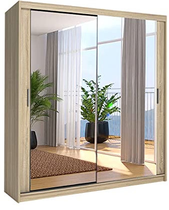 SLIDING WARDROBE 4U OAK STYLISH DOUBLE MIRROR SLIDING DOOR WARDROBE WITH LED LIGHT (Width: 120cm)