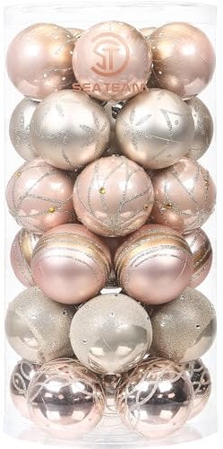 Sea Team 60mm/2.36 Delicate Contrast Color Theme Painting & Glittering Christmas Tree Pendants Decorative Hanging Christmas Baubles Balls Ornaments Set - 30 Pieces (Rose Gold & Champagne)