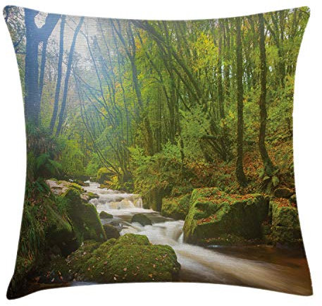 ABAKUHAUS Grün Kissenbezug, Wald in Golitha Falls, Dekokissenhüllen Waschbar Inn/Outdoor Beidseitiger Druck mit Reißverschluß, 45 x 45 cm, Grün Hellbraun