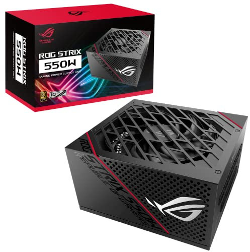 ASUS ROG Strix 550W Gold Bloc d’alimentation (radiateurs ROG, ventilateurs axiaux à double roulement à billes, technologie 0dB, certification 80 plus Gold, câbles modulables, Garantie 10 ans)