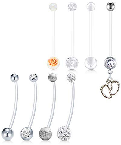 JFORYOU Schwangerschaftspiercing Bio Flex Flexibler Kunststoff Bauchnabel-Piercing Bauch Stecker Schwangerschaft 8Stk 14G 38MM