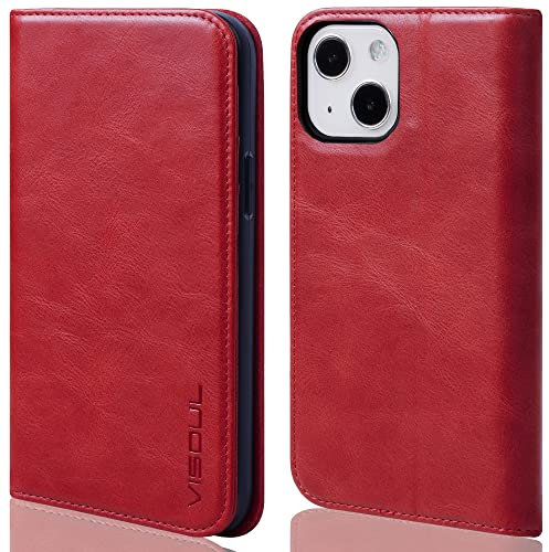 VISOUL Hülle für iPhone 13 Handyhülle Schutzhülle TPU [Erstklassiges Echtleder] [Kartenfach] [Magnet] [Standfunktion], Stoßfest Telefon Lederhülle Kompatibel mit iPhone 13 6,1 Rot