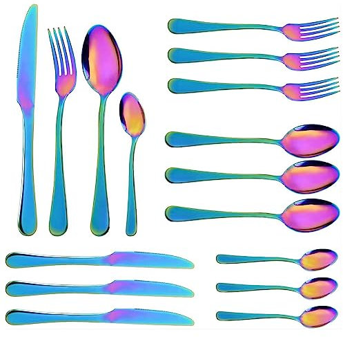 Rainbow Cutlery Sets, 16 Piece Mixed Knives and Forks Set Reusable Tableware, Kitchen Stainless Steel Dinner Knife, Fork and Spoon for 4