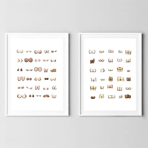 Din A4 Kunstdruck ohne Rahmen 2er Set - Brüste und Hintern - Brust Po Nude Badezimmer - Lustig - Gäste WC Poster