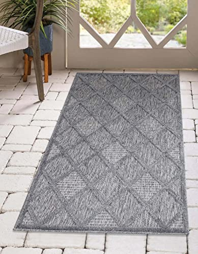 carpet city In-& Outdoor Teppich - 80x150 cm - für Innen-& Außenbereich - Wetterfest Balkon-Teppich, Terrasse, Flur, Küche - Wohnzimmer-Teppiche - Hochtief/ 3D-Effekt - Raute-Optik in Anthrazit