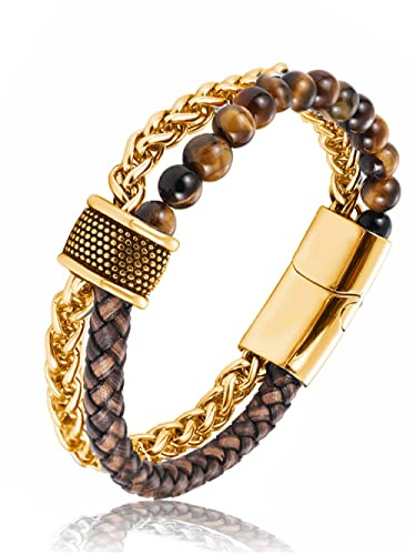 LIRU Armband Damen,Lederarmbänder Für Männer Schwarzes Geflochtenes Lederarmband Goldene Modeaccessoires Schnalle Goldene Kette Braunes Lederarmband Charm Schmuck Für Frauen Männer Geschenk 22Cm