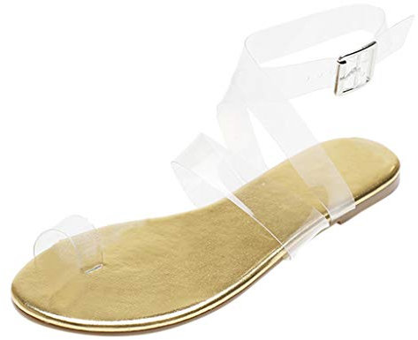 Pure - Sandalias de cuerda trenzada a mano de gran tamaño, sandalias romanas con puntera de clip, sandalias de moda con correa transparente, sandalias planas para mujer, Gold, 38 EU