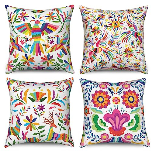 Hnmdmyi Kissenbezug Blumen 40x40 4er Set, Mexikanischen Bunten Ethnischen Vögel Blumen Dekorative Kissenbezüge Ästhetische Kunst Leinen Kissenhülle für Sofa Couch Bett Garten Outdoor Home Decor