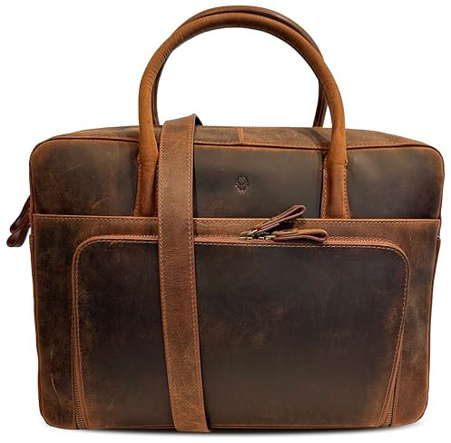 DONBOLSO Laptoptasche Leder - Echtleder Business Tasche Laptoptasche 13 Zoll - Organizer Vordertasche, Laptopfach - Ledertasche - Unisex - Abnehmbarer Schulterriemen - 37x25cm - Braun