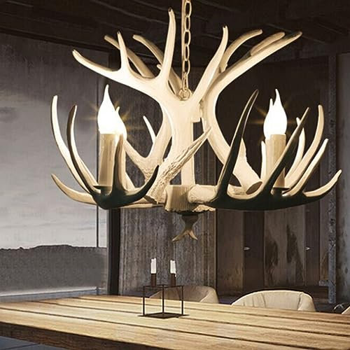 4-Kopf 63cm E14 Retro Geweih Retro Stil Große Geweihlampe, Wohnzimmer, Schlafzimmer, Esszimmer, Bauernhaus, Ferienhaus, ländliches Kunstharzgeweih Kerze Deckenleuchte Kronleuchter aus Hirschhorn