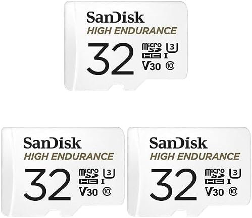 SanDisk HIGH ENDURANCE Video Monitoring for Dashcams & Home Monitoring 32 GB microSDHC Memory Card + SD Adaptor, Up to 100 MB/s read and 40 MB/s Write, Class 10, U3, V30, White (Pack of 3)