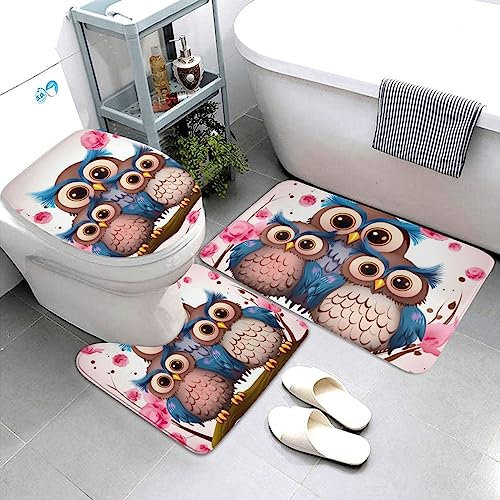 BTCOWZRV Badezimmerteppich, Badteppiche für Badezimmer, niedliche Eulen, rutschfeste Badematten, Badezimmerteppich-Set, 3-teilig, saugfähig, Badteppich, WC-Vorleger für Badezimmer, Plüsch,