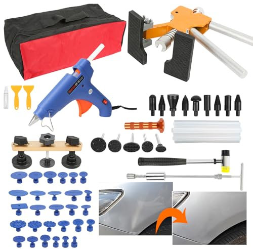 Randaco Kit de réparation de bosses de voiture - 57 pièces - Outil de débosselage avec débosseleur / pont / pistolet à colle chaude - Réparation automobile