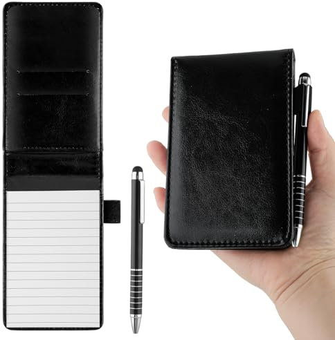 Sibba Mini Pocket Notebook, Notepad Holder with 50 Lined Sheets, 3 x 5 Inch Pocket Notebook with Metal Pen, Small Leather Notebook (A7, Black)