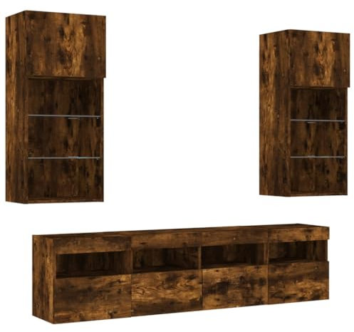 vidaXL Wohnwand 5-TLG., Schrankwand mit viel Stauraum, Anbauwand mit LED-Beleuchtung, Wandmontage Fernsehschrank Wohnzimmer Set Schrank, Räuchereiche Holzwerkstoff