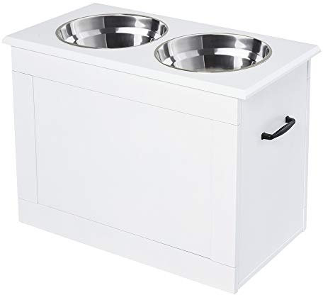 PawHut Gamelles Chiens surélevées gamelle Double Chien Chat Porte-gamelles surélevé dim. 60L x 30l x 41H cm 2 gamelles 2L poignées Coffre Bois Blanc