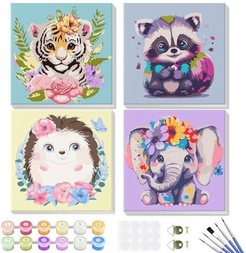 GHHKUD 4 Pack Peinture à Numéros Enfants Adultes Débutants, DIY Peinture Acrylique pour Adultes Enfants débutants Facile sur Toile avec peintures et pinceaux, Kits de Loisirs Créatifs 20×20cm