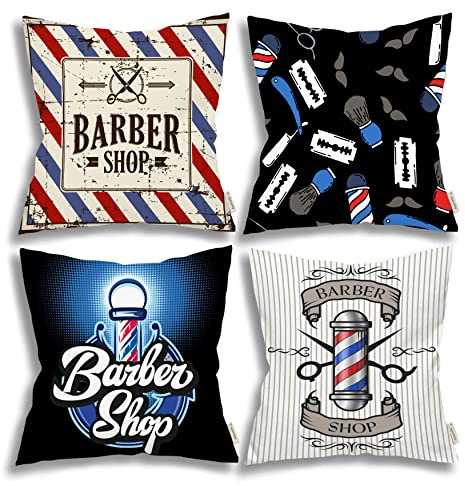 Dekokissenbezüge mit Barbershop-Salon-Schild, Schere und Haar, 4er-Set, 45,7 x 45,7 cm, für Barbershop, dekorative Kissenbezüge, Sofa, Bett, Stuhl