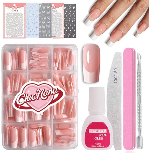 French False Nails Kit, 240Pcs Press On Nails with Glue Stickers, Acrylic Fake Nails 12 Sizes Stick On Nails For Women French Tip Gift for Women Girls (Long Square)