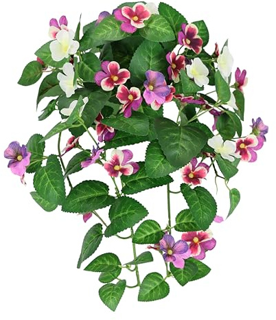 Flair Flower Kunstblumen Hänge-Pflanze mit Blüten Künstliche Blumen Seidenblumen Sommerblüher Hängeblume Hängend Kunstpflanzen Blumenbusch Terrasse Balkonpflanzen Terrassendeko, Stiefmütterchen