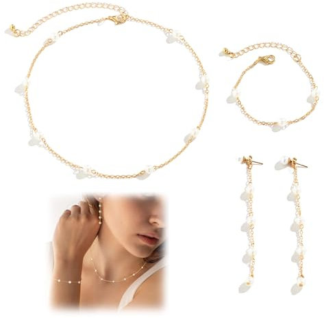Moguri Goldschmuckset für Damen, zierliches 14k vergoldetes,versilbertes Perlenketten und Ohrringset, Perlenohrringe, Perlenarmbänder, Perlenhalskette