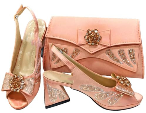 Scarpe da donna per festa Peep Toe colore fucsia fiocco strass pompe tacchi alti e borse set, Pesca, 37 EU