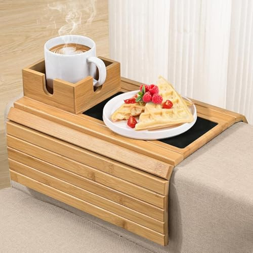 Joy&Grace Sofa Armrest Tray with Large Mug Holder, Bamboo Couch Arm Tray, Anti-Slip Couch Cup Holder Foldable Sofa Arm Table for Eating Drinks Cellphone (Color Natural)