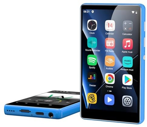 SWOFY 80GB MP3 Player with Bluetooth and WiFi, Spotify, Amazon Music, Audible, Chrome Browser, 4-inch Full Touchscreen MP4 Music Player Up to 512GB Expand Blue
