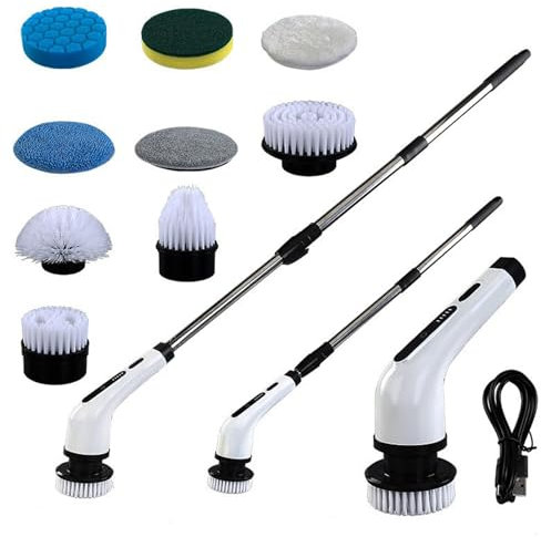 SH-RuiDu Cordless Electric Spin Scrubber, 9 in 1 Powerful Electric Cleaning Brush with 9 Replaceable Brush Heads & 95-120cm Extendable Long Handle for Bathroom Kitchen Floor Tile Car Wash