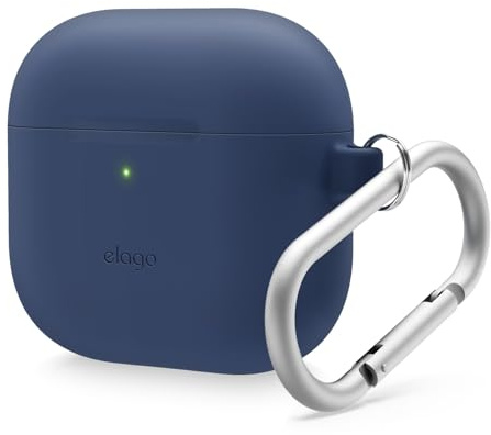 elago Silikon Hülle für AirPods 4 | kabelloses Laden, Karabiner inklusive, Silikon, stoßfest, Rundumschutz (Dunkelblau)