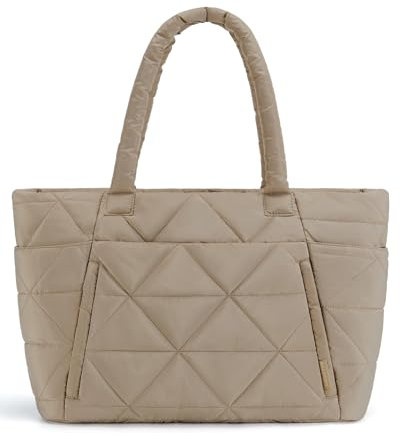 bagsmart Damen Tragetasche Laptoptaschen Einkaufstasche, 20L Gesteppte Umhängetasche mit Mehreren Fächern, Reißverschluss und Gepäckgurt für Reisen, Arbeiten, Studium und Strandurlaub, Kamel