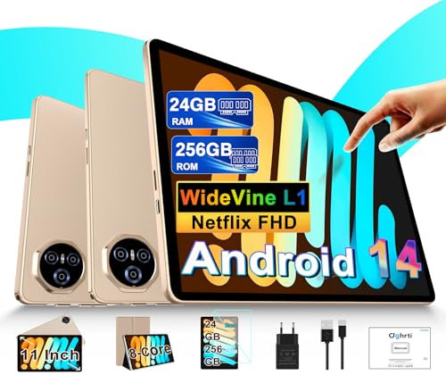 2025 Tablet 11 pollici da Touch Android 14, 24 GB RAM + 256 GB ROM (2TB TF), Octa-Core, UFS 2.2 Flash, FHD IPS, 8000 mAh, Suono 3D, 13MP + 5MP, Dual WiFi, BT 5.0, Widevine L1, Face ID, Oro