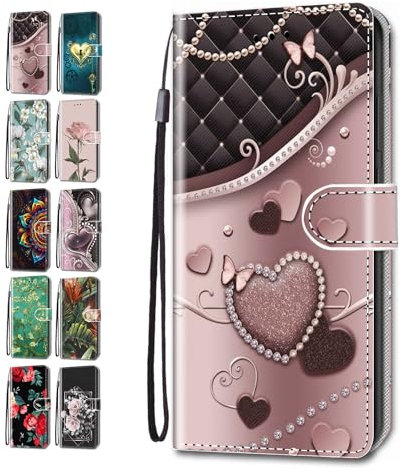 Handyhülle für Samsung Galaxy S10 Plus Hülle Muster Lederhülle Klapphülle Tasche Flip Case Cover Schutzhülle mit Kartenfach Handytasche - Schwarz-rosa Herzen