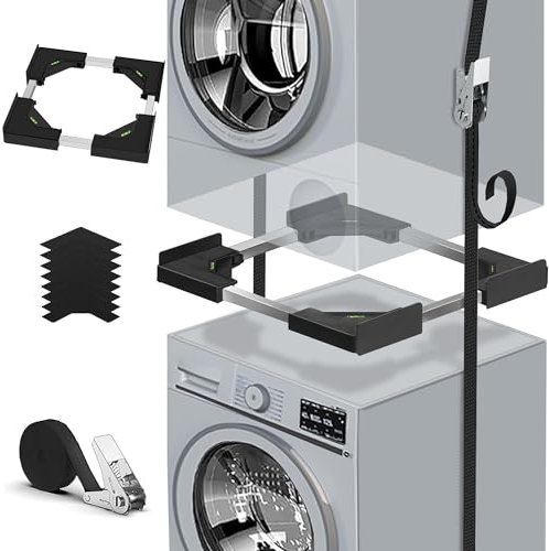 Universal-Stapelset für Waschmaschine & Trockner,Tiefenverstellung 45-68 cm,Schwarz Ratschenseil + 8 Antirutschpads,TÜV-geprüfte Sicherheit,Platzsparend & vibrationsarm (Schwarz)