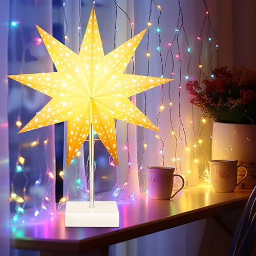 Skeadex LED Weihnachtsstern Stehend, Tischlampe Stern Weihnachtsdeko Innen, Papierstern Beleuchtet mit Holzsockel, Leuchtsterne Weihnachten Weihnachtslichter für Adventsdeko Fenster Deko (A)