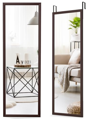 COSTWAY Wandspiegel, Ganzkörperspiegel mit höhenverstellbaren Hängehaken, Türspiegel unbrechbar, Garderobenspiegel Hängespiegel Flurspiegel, Spiegel für Schlafzimmer Wohnzimmer, 107x36,5cm, Braun