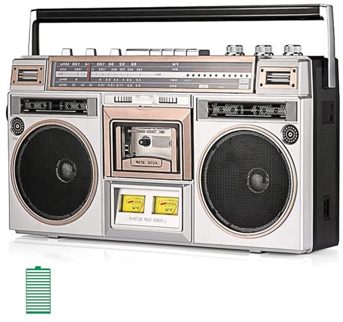 Cassette Boombox, Portable Cassette Player Recorder with 4400 Amh Battery, Bluetooth Retro Stereo Speaker, Music Player, Recorder, 4 Speakers, Radio – Built-In Speaker for Tape Play for Gathering