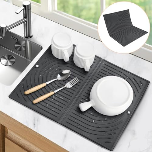 Oamwrae Tapis Égouttoir Vaisselle, Pliable Tapis Vaisselle, Résistant à la Chaleur Tapis de Séchage Vaisselle, Universel Antidérapant Sous-Plat en Silicone pour Cuisine (43×34 cm, Noir)