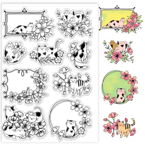PH PandaHall Katze Clear Stamps Silikon-Stempel Cartoon Katze Transparent Stempel Kirschblüten Gummistempel Blumen Kranz Siegel Stempel für Kartenherstellung DIY Scrapbooking Handwerk 16x11cm
