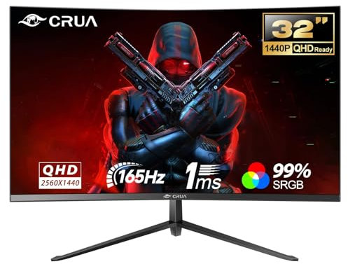 CRUA Ecran PC Gamer, 32 inch Curved Gaming Monitor 2K (2560x1440p) 165Hz 144Hz with AMD FreeSync, Anti-Twinkle, 2X HDMI 1.4, DP 1.2, PC Ecran Incurve1500R Ultra-Thin Frameless