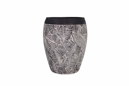 NATINDESIGN Bodenvase Groß Schwarz Weiß Blattmuster 48cm Ø27-34cm | XL Vase Rund mit Loch für In- und Outdoor | Fiberglas Pflanzvase Hoch Bodenvasen XL | Außen Innen Vasen Groß Pflanzkübel